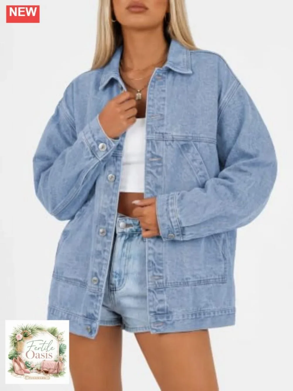 Women's Oversized Denim Jacket Boyfriend Fit Cotton Trucker Coat